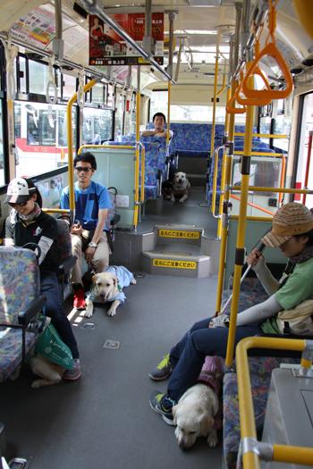 バスの中で、横向きの座席や一人がけの座席に座る4人の訓練士とそれぞれの訓練犬